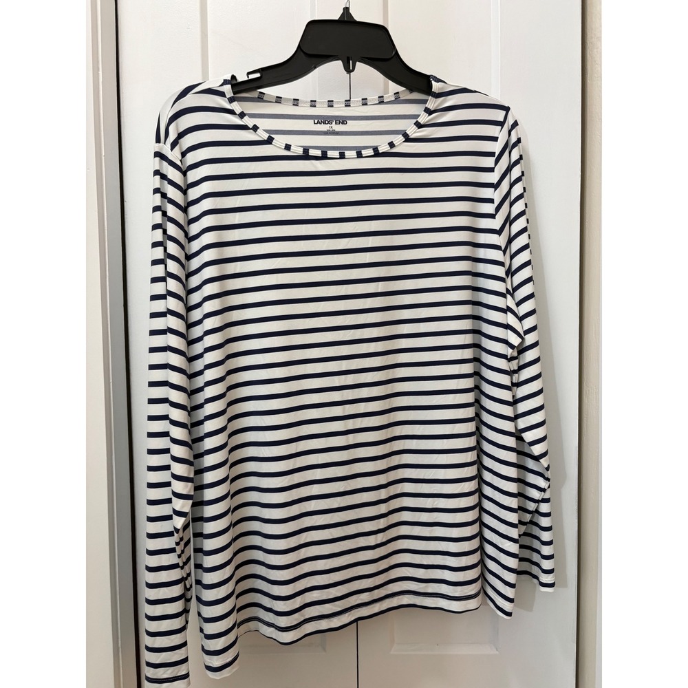 Lands End Womens 1X Navy Blue White Striped Long Sleeve Crew Neck Top Stretch